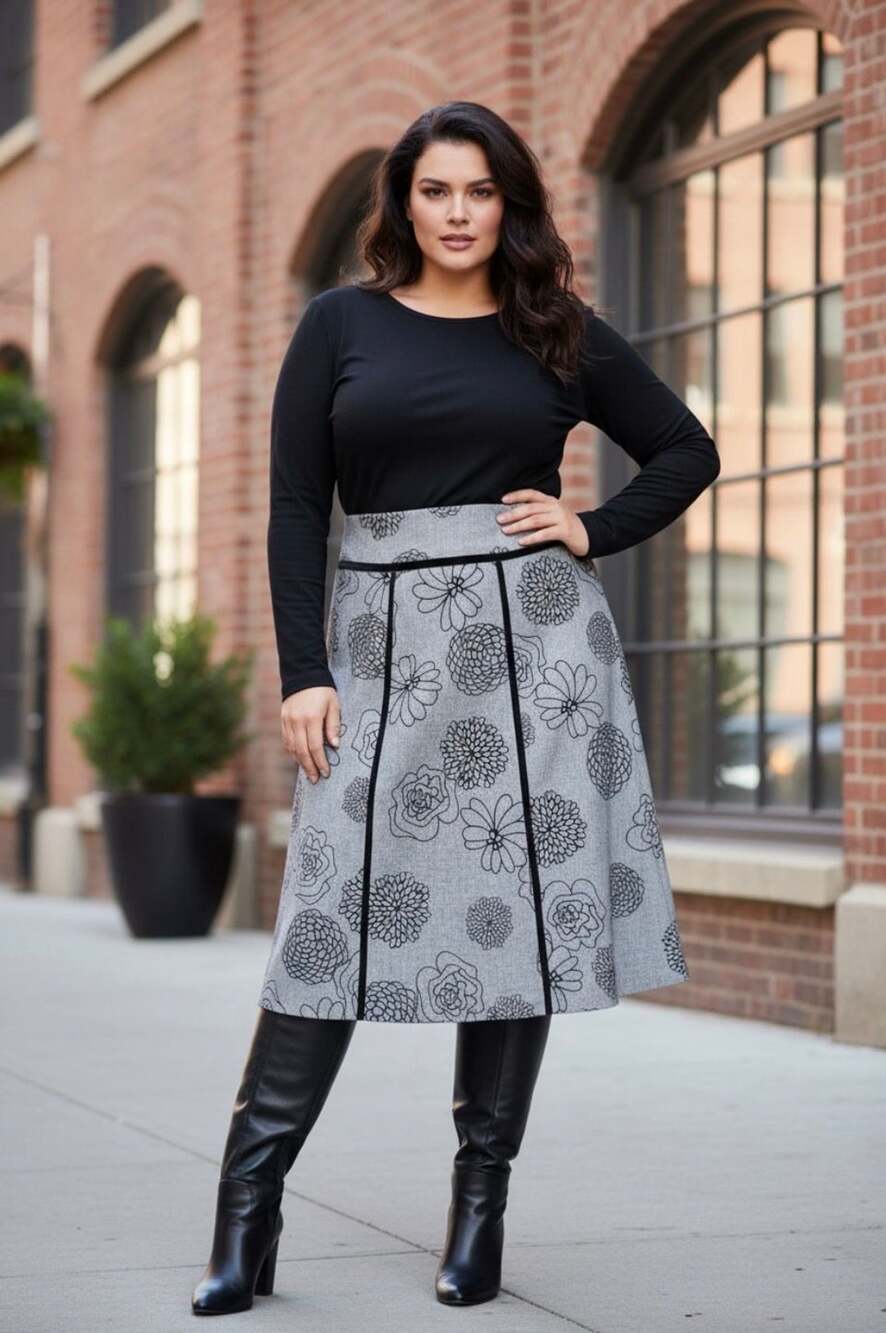 East 5th Gray Wool Blend Floral Midi Skirt with Black Velvet Trim — Size 12